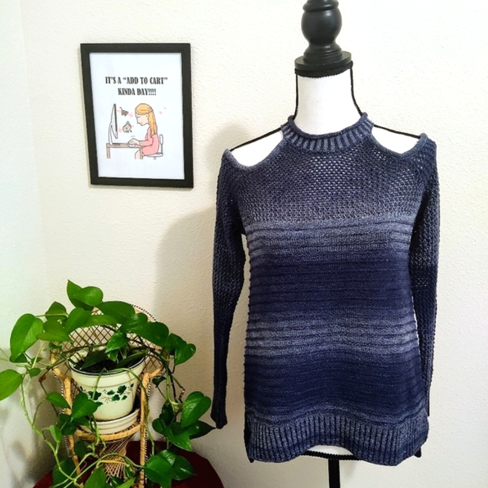 American Rag Womens Small Blue Cold Shoulder Knit Sweater Striped Fall